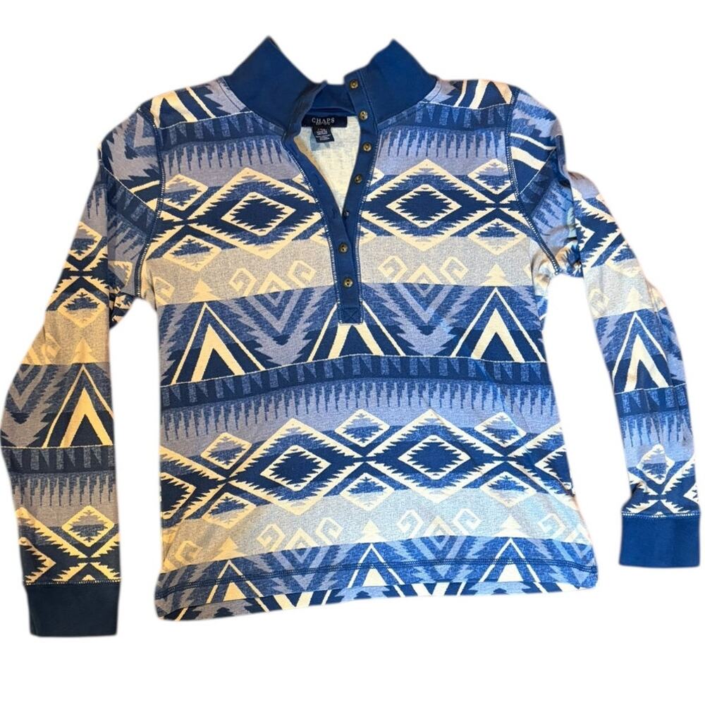 CHAPS Women's Henley Shirt LARGE Blue Aztec Southwestern Long Sleeve Cotton Mock - Picture 2 of 7